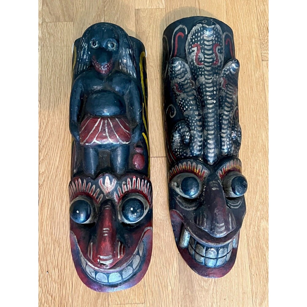Pair Hand-Carved Saniya Painted Wood Tribal Wall Masks Sri Lanka 16in (lot of 2)